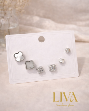 Yonca Figürlü Taşlı Küpe Seti – Gümüş Renk