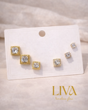 Kare Kesim Taşlı Küpe Seti – Altın Renk